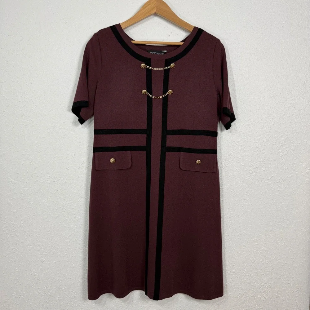 Ming Wang Small Shift Dress Burgundy Knit Gold Chain Military Old Money Academia